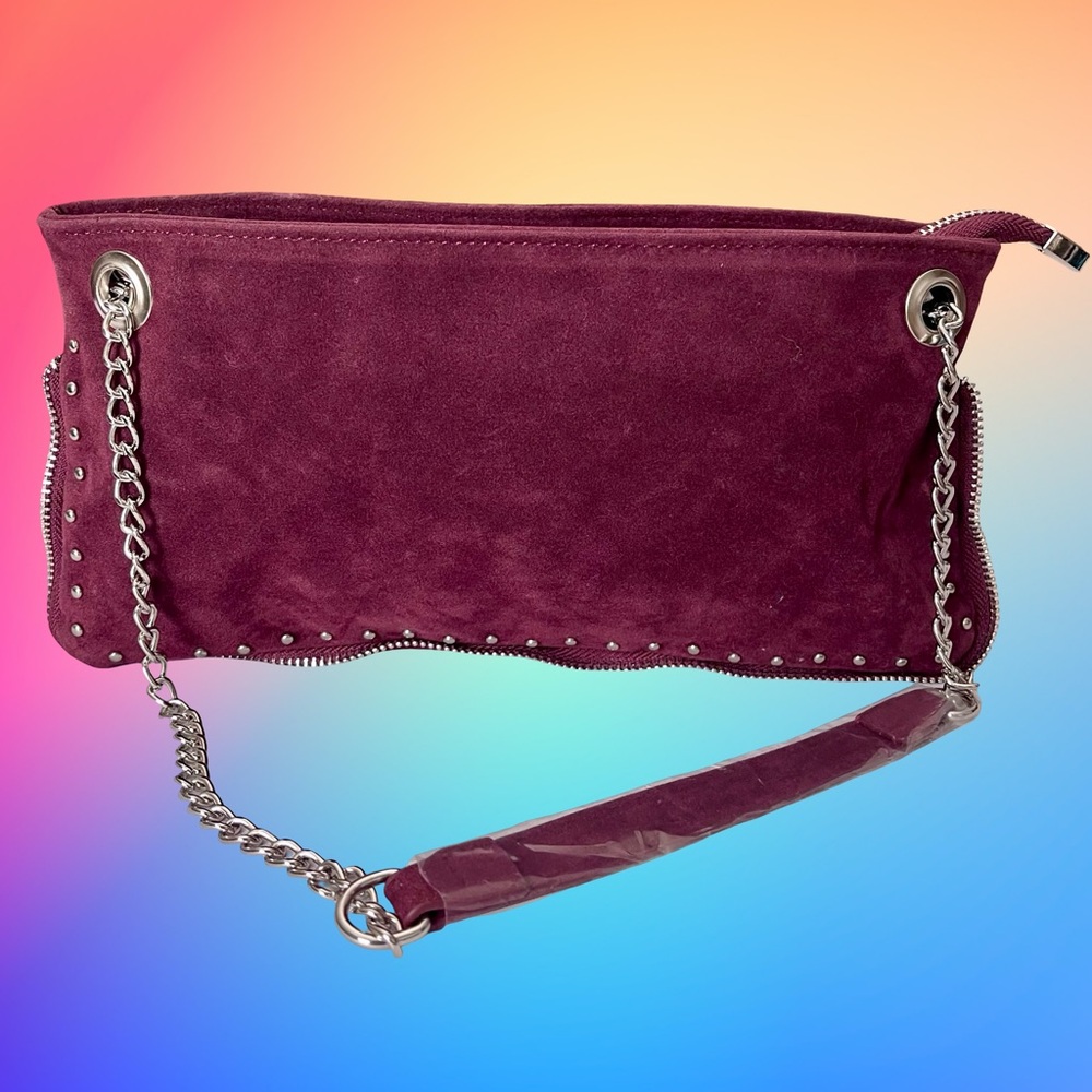Burgundy Faux Suede Zip Close Crossbody Studded Detail NWOT - Picture 3 of 8